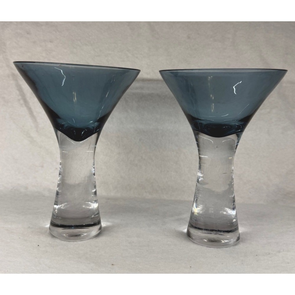 Martini Glasses Blue On Top And Clear Bottom Very Thick Heavy Glass (set Of 2)